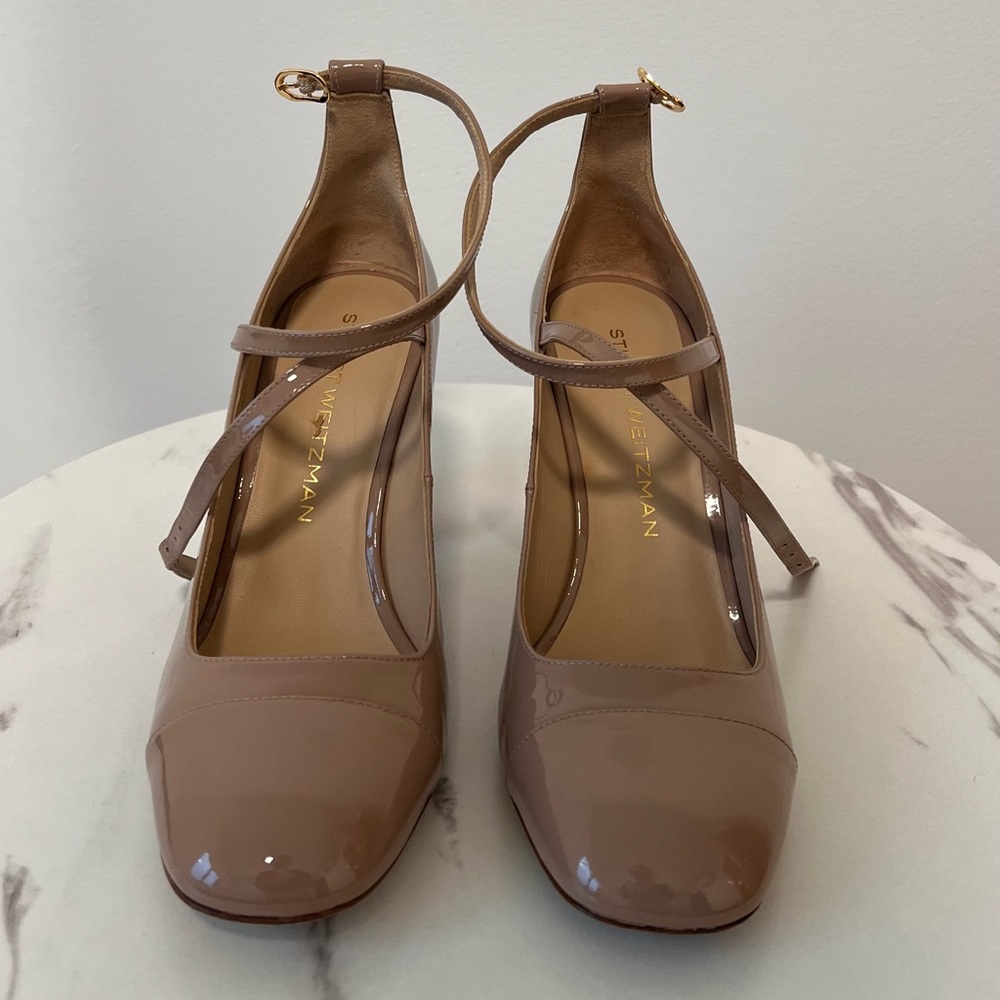 Stuart Weitzman Patent Leather Ankle-Strap Pumps in Nude Taupe
